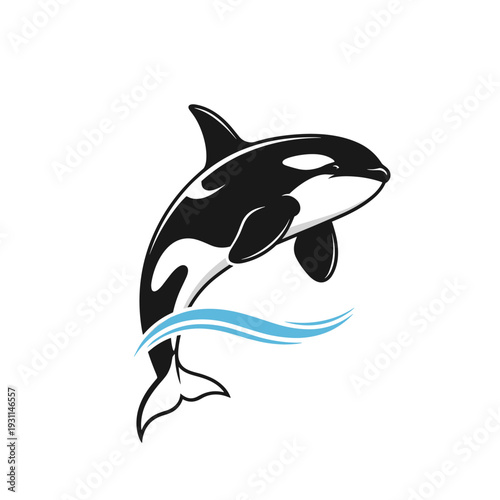 Stylized killer whale leaping out of blue water waves