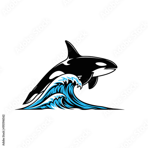 Stylized killer whale leaping over a dynamic blue ocean wave