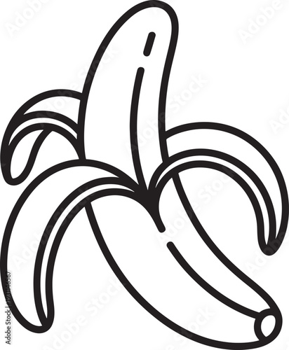 Simple black and white illustration of banana peel and fruit isolated on transparent background