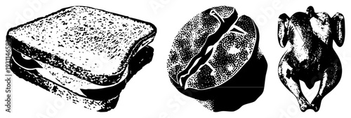 Halftone stylized sandwich, coffee bean, and roasted chicken, vector art, food, graphic design elements, isolated foreground.