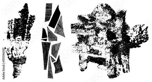 Fragmented halftone in black and white, abstract geometric, textured vector art, isolated graphic elements, stylized rasterized forms.