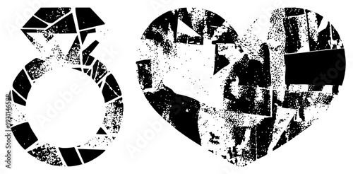 Cracked engagement ring and fractured heart symbol, distressed graphic, romantic breakup, vector silhouette with fragmented texture, isolated design elements.