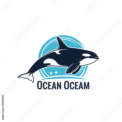 Stylized killer whale logo with ocean waves and stars