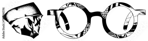 Retro eyewear with geometric tribal, paired with a crumpled hat silhouette, halftone style, graphic design element, isolated vector illustration.