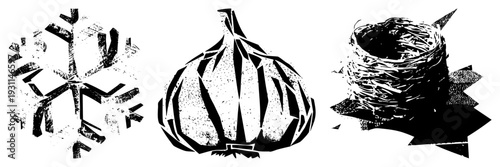 Abstracted snowflake, garlic bulb, and woven bird’s nest rendered in high contrast vector style with halftone texture, ideal for graphic design or print.