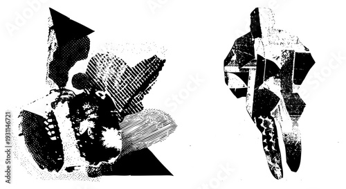 Stylized human silhouettes composed of fragmented shapes, halftone textures, and bold black strokes, graphic art, vector illustration, isolated figures.