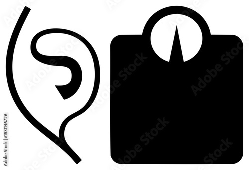 organ and medical scale, hearing symbol, weight measurement tool, healthcare graphic, diagnostic equipment, patient assessment, medical illustration.
