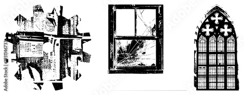 Ornate pointed arch window with, quatrefoil, and leaded glass design, religious architecture, medieval stained glass, ecclesiastical window, church art.