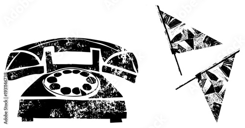 Retro rotary telephone with textured black and white design, festive triangular flags with geometric, isolated vector art for design projects.