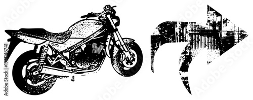 Classic motorcycle illustration with halftone texture, paired with distressed arrow symbol, vector art, black and white, urban street style.