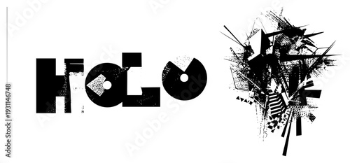 Graphic logo featuring "" in fragmented typography with halftone textures, paired with explosive abstract shapes, glitch art, and vector fragmentation for modern branding.