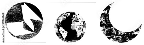 Three stylized circular forms with fragmented textures, halftone, and distressed effects. Vector art featuring geometric abstraction, urban decay motifs, and monochromatic design.