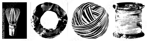 Classic kitchen whisk, artist’s paintbrush, knitted yarn sphere, spool of thread all rendered in bold halftone vector art with high contrast textures and isolated foreground elements.