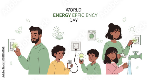Illustration of a diverse family practicing energy efficiency by turning off lights and saving water on World Energy Efficiency Day with a green and ecofriendly theme.