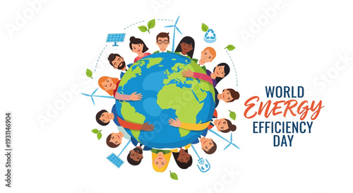 Illustration of diverse people around the Earth with renewable energy symbols on World Energy Efficiency Day, promoting global sustainability and ecofriendly awareness with a green and blue