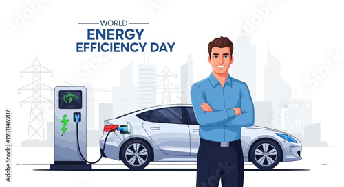 A man in a blue shirt stands confidently with arms crossed next to an electric car charging at a station on World Energy Efficiency Day with a cityscape background.