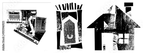 Stylized black and white houses with halftone textures, geometric shapes, minimalist architecture, vector art, graphic design elements.