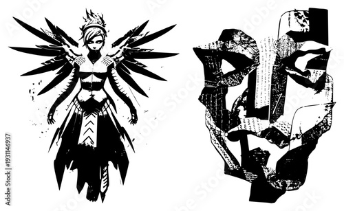 Black & white vector of stylized female deity with feathered wings, paired with fragmented mask sculpture, bold, halftone textures.