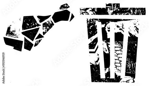 Shattered glass fragments and stylized trash can, graphic design elements, distressed texture, black and white vector illustration, urban waste symbol.