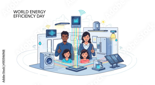 Illustration of a family with smart home devices on World Energy Efficiency Day, promoting sustainability and ecofriendly living with solar panels and energy-efficient appliances.