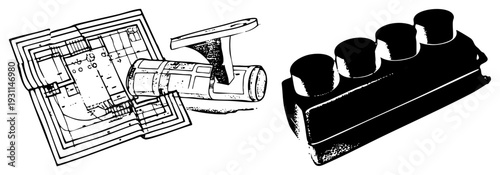 Technical architectural drawing with floor plan and structural, alongside black brick with studs, vector cutout, design concept.