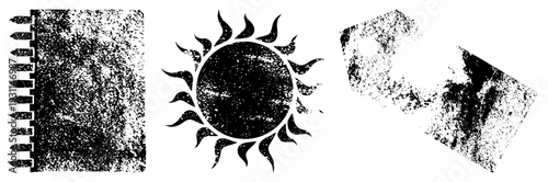 Three black and white vector distressed notebook, sunburst emblem, and fragmented texture. Ideal for retro, punk, or alternative design projects.