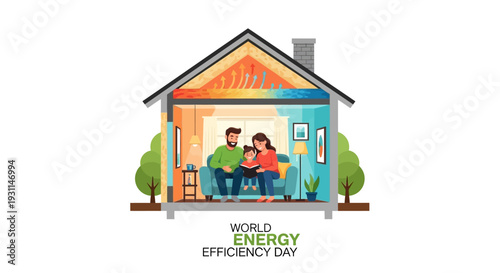 Illustration of a family in a cutaway house on World Energy Efficiency Day, promoting sustainability and ecofriendly living with a green and colorful design.