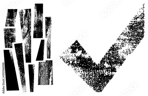 Black and white halftone checkmark symbol with distressed texture, paired with fragmented rectangular shapes, vector art design, graphic, approval mark, glitch effect.