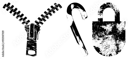 Distressed black and white vector of zipper, hook, and padlock, ideal for security or fashion themes, gritty texture, isolated elements.