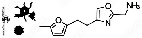 Molecular diagram of amantadine drug structure alongside stylized virus particles, medical illustration, antiviral compound, graphic, isolated vector art.