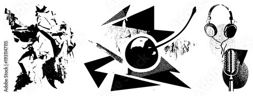 Vintage microphone and over ear headphones rendered in bold halftone, surrounded by dynamic starburst shapes, stylized equipment, vector art.