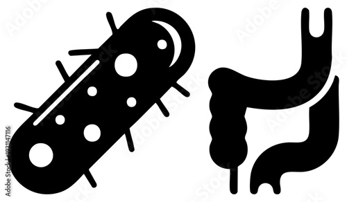 Abstract black vector illustration of gut microbiome and digestive tract, microbiota symbiosis, gut flora, digestive system, bacterial symbiosis, gut health.