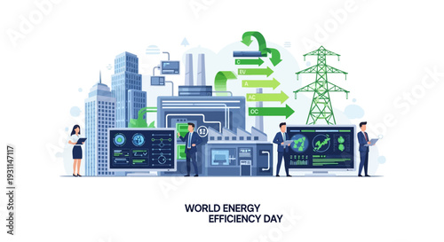 Illustration of people working with energy efficiency technology and green power infrastructure on World Energy Efficiency Day with a cityscape background.