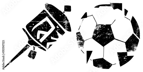 Graphic of soccer ball and rose with grunge texture, vector art, black silhouette, stylized design, sports and motifs.