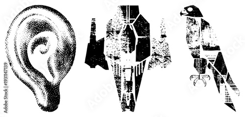 Stylized ear, spaceship, and rendered in halftone dot, vector art, graphic design, isolated,, abstract shapes, bold.