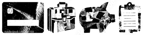Credit card, briefcase, piggy bank, clipboard rendered in high contrast halftone, vector graphic symbols for finance, budgeting, and business.