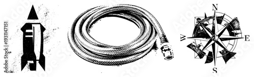 Stylized for launch, coiled garden hose with threaded end, compass rose with cardinal directions all vector, flat design,, isolated elements for UI or signage.