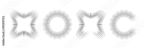Halftone Star Shape Frame Set, Wavy Dotted Border Collection, Abstract Gradient Dot Pattern Design Element. Vector Illustration.