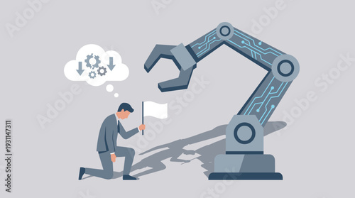 Businessman kneeling and holding a white flag of surrender to a large robotic arm, representing artificial intelligence and automation replacing human labor and causing job loss in the future