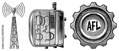 Classic broadcast tower emitting waves, antique radiogram with ornate script, AFL gear emblem with concentric retro communication tech, vintage electronics, historical broadcasting symbols.