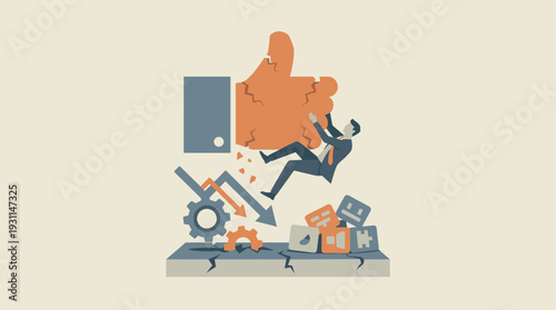 Concept of bad reviews and business failure showing a businessman falling from a cracked thumbs-up icon with declining arrows and broken gears, representing neglect of quality and lack of adaptation.