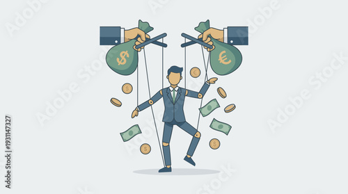 Vector Illustration of a Businessman as a Puppet Controlled by Money Bags with Dollar and Euro Signs, Representing Financial Manipulation, Corruption, Bribery, and the Power of Capitalism.
