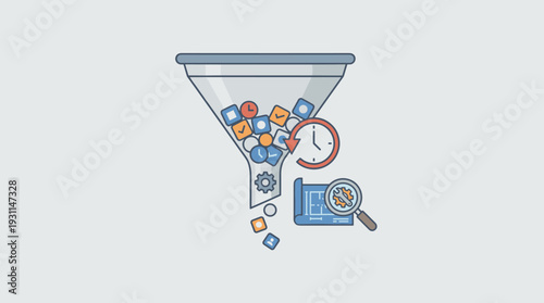 Bottleneck Concept Illustration Showing Business Workflow Struggle and Project Delays with Funnel Filled with Tasks, Time Management Issues, Process Optimization, and Troubleshooting Analysis
