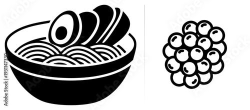 Black and white vector illustration of ramen bowl with egg and tofu, paired with quail egg cluster, minimalist food, Japanese cuisine, stylized meal graphics.