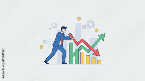 Businessman in a Suit Trying to Correct a Falling Red Graph Arrow to an Upward Direction, Concept of Business Recovery, Financial Growth, Investment Strategy, Career Success and Market Analysis