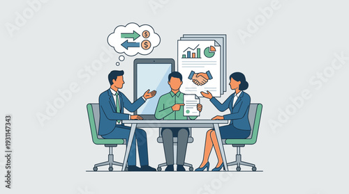Business people discussing terms of a contract at a meeting table. Concept of financial deal, agreement, trade dispute, and partnership. Illustration of professional negotiation and investment.