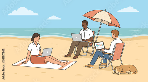 Diverse business people working on laptops on a sandy beach, digital nomads enjoying remote work by the ocean, freelance lifestyle and work-life balance concept, flat vector illustration.