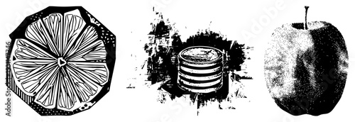Black and white halftone vector art of citrus slice, pancakes, and, isolated graphic elements, stylized food, flat design, illustration.