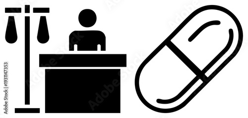 Court scales and judge figure alongside pill capsule, legal system and, justice and healthcare symbols.