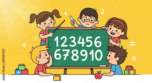 Children Learning Numbers on Blackboard Together.
